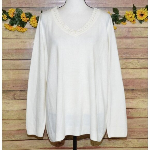 Allegra Ladies 2X Neutral Cream V-Neck Sweater Faux Pearl & Beaded Trim Holidays - Picture 1 of 8
